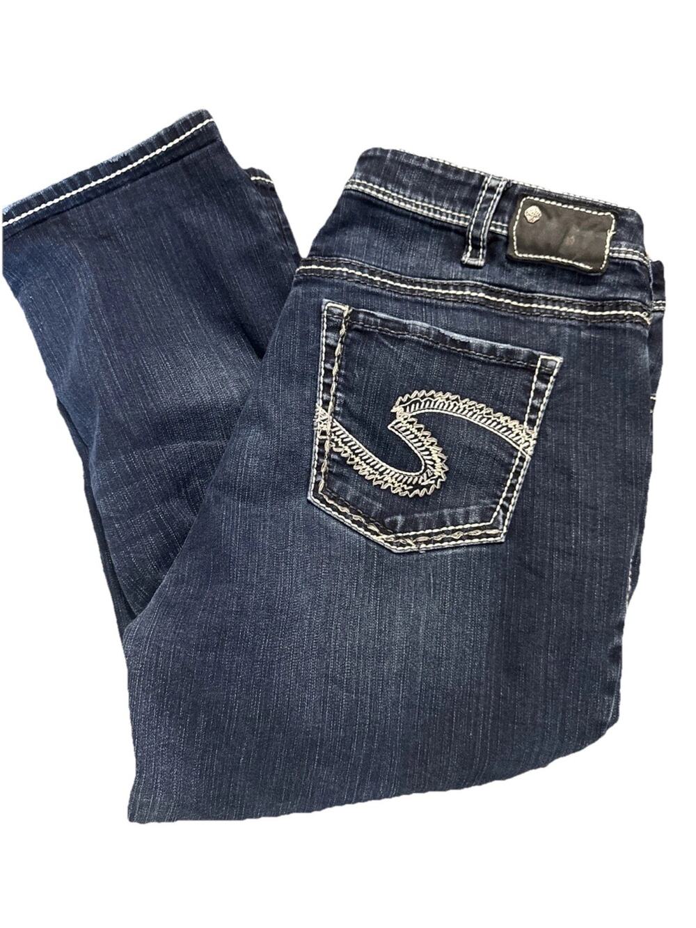 Silver Jeans Suki High Capri Jeans Womens 20-Blue Embroidered Denim